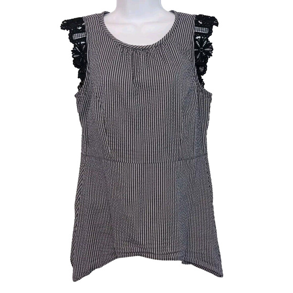 Cabi #5727 Top Blouse Women's Size S Small Navy White Seersucker Lace Cap Sleeve - Picture 2 of 15